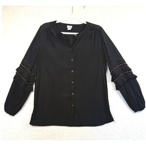 Chicos Black Blouse Ruffle‎ Sleeve Beaded Button Down Top Women's Size 1/M